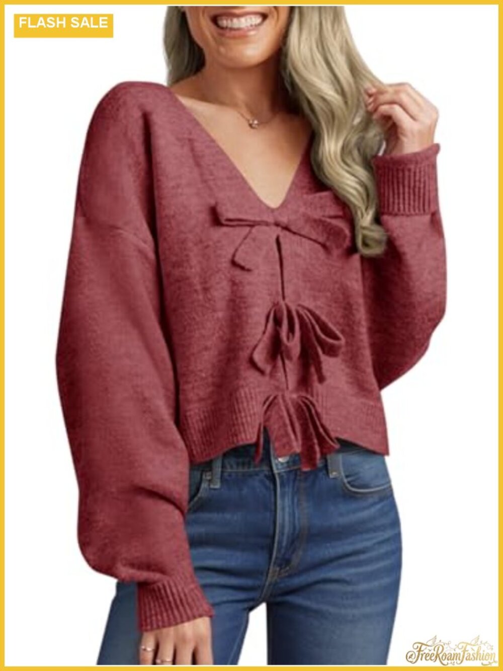 Saodimallsu Womens Bow Sweater Cropped V Neck Long Sleeve Pullover Top